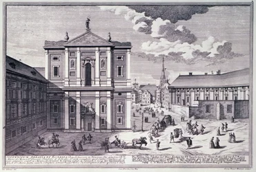 Vista de la Schottenkirche (iglesia escocesa) grabada por George-Daniel Heumann (1692-1759)
